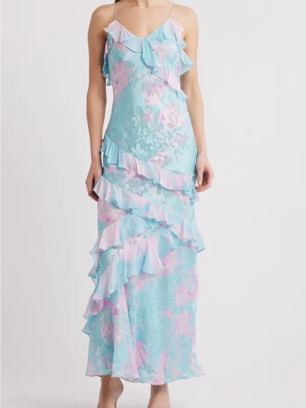 LoveShackFancy Pastel Blue and Pink Ruffle Maxi Dress